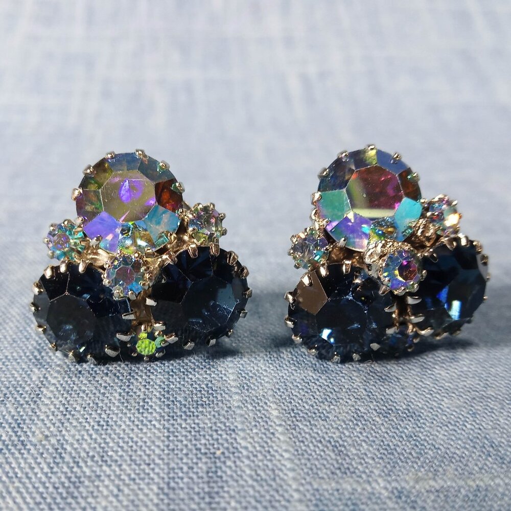 1950s Vintage Earrings with Blue and Aurora Borealis Rhinestones by Weiss